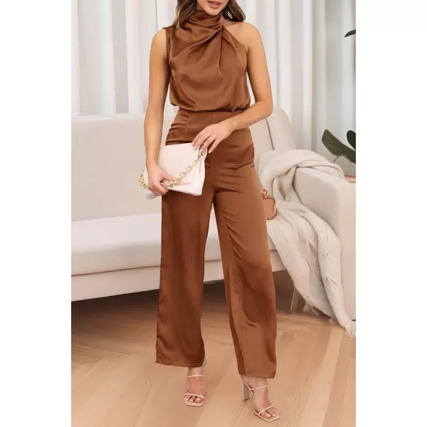 imagePRETTYGARDEN Womens Satin Jumpsuits 2023 Summer One Piece Outfits Mock Neck Sleeveless Wide Leg Pants RompersKhaki