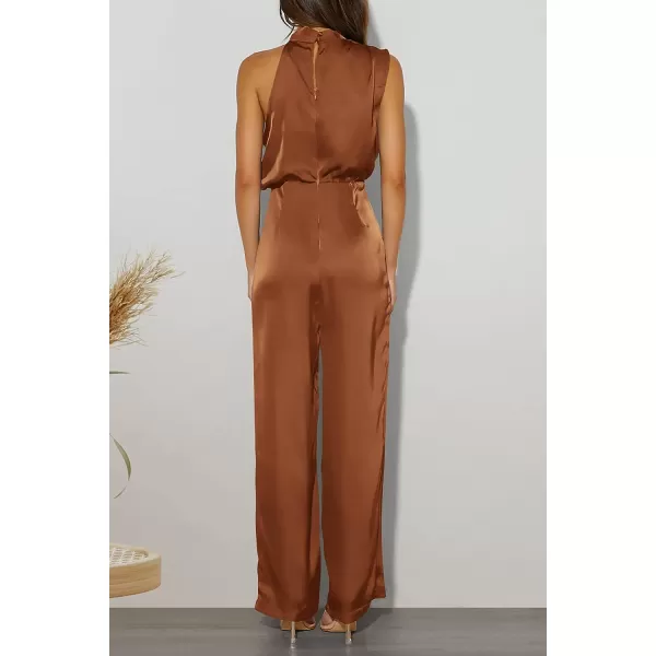 imagePRETTYGARDEN Womens Satin Jumpsuits 2023 Summer One Piece Outfits Mock Neck Sleeveless Wide Leg Pants RompersKhaki