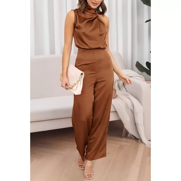 imagePRETTYGARDEN Womens Satin Jumpsuits 2023 Summer One Piece Outfits Mock Neck Sleeveless Wide Leg Pants RompersKhaki