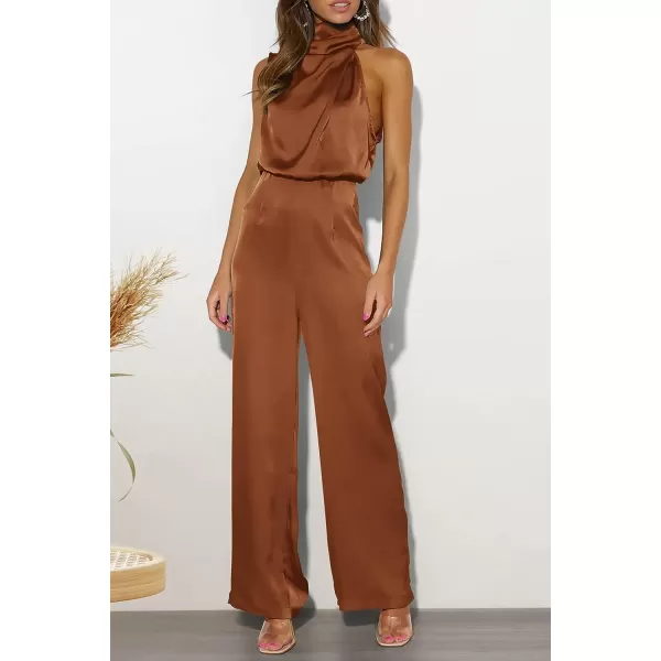 imagePRETTYGARDEN Womens Satin Jumpsuits 2023 Summer One Piece Outfits Mock Neck Sleeveless Wide Leg Pants RompersKhaki