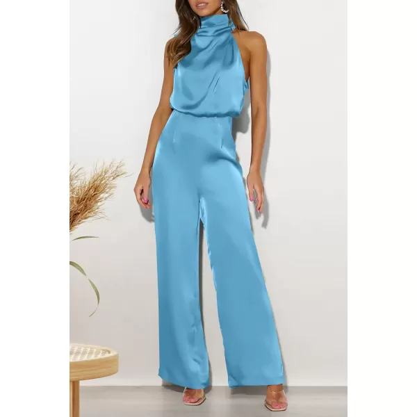 imagePRETTYGARDEN Womens Satin Jumpsuits 2023 Summer One Piece Outfits Mock Neck Sleeveless Wide Leg Pants RompersLight Blue