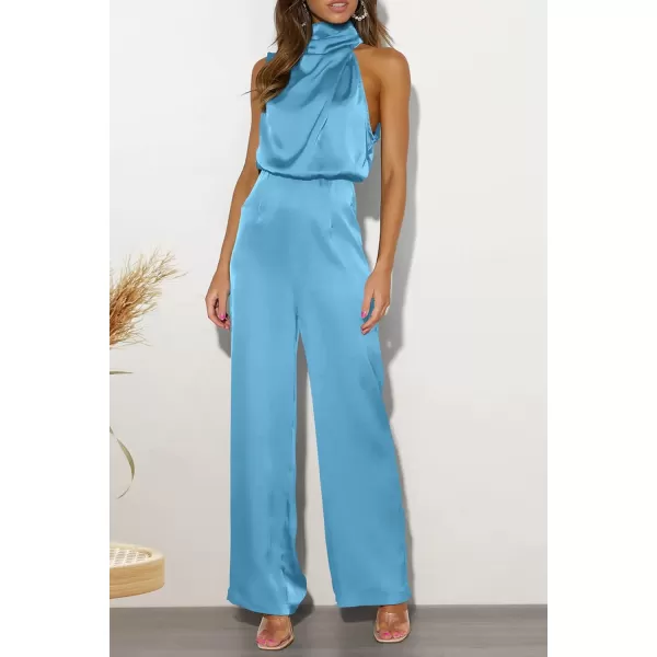 imagePRETTYGARDEN Womens Satin Jumpsuits 2023 Summer One Piece Outfits Mock Neck Sleeveless Wide Leg Pants RompersLight Blue