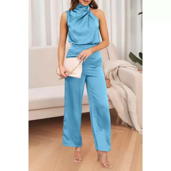 imagePRETTYGARDEN Womens Satin Jumpsuits 2023 Summer One Piece Outfits Mock Neck Sleeveless Wide Leg Pants RompersLight Blue