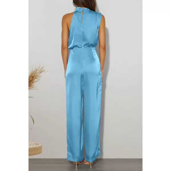 imagePRETTYGARDEN Womens Satin Jumpsuits 2023 Summer One Piece Outfits Mock Neck Sleeveless Wide Leg Pants RompersLight Blue