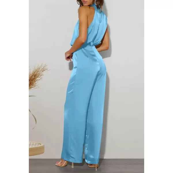 imagePRETTYGARDEN Womens Satin Jumpsuits 2023 Summer One Piece Outfits Mock Neck Sleeveless Wide Leg Pants RompersLight Blue