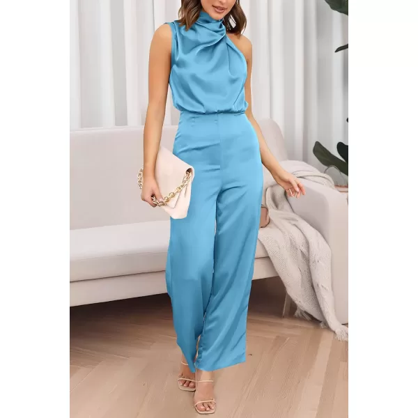 imagePRETTYGARDEN Womens Satin Jumpsuits 2023 Summer One Piece Outfits Mock Neck Sleeveless Wide Leg Pants RompersLight Blue