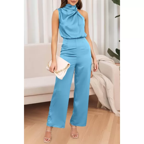 imagePRETTYGARDEN Womens Satin Jumpsuits 2023 Summer One Piece Outfits Mock Neck Sleeveless Wide Leg Pants RompersLight Blue