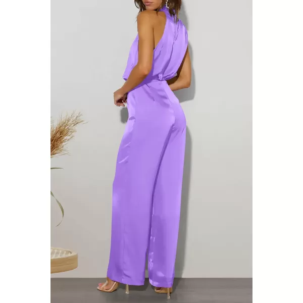 imagePRETTYGARDEN Womens Satin Jumpsuits 2023 Summer One Piece Outfits Mock Neck Sleeveless Wide Leg Pants RompersPurple