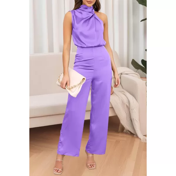 imagePRETTYGARDEN Womens Satin Jumpsuits 2023 Summer One Piece Outfits Mock Neck Sleeveless Wide Leg Pants RompersPurple