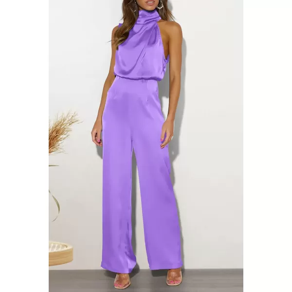 imagePRETTYGARDEN Womens Satin Jumpsuits 2023 Summer One Piece Outfits Mock Neck Sleeveless Wide Leg Pants RompersPurple