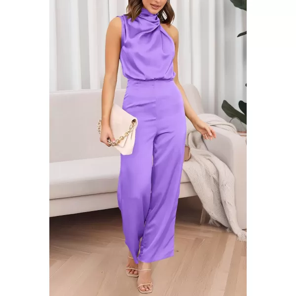 imagePRETTYGARDEN Womens Satin Jumpsuits 2023 Summer One Piece Outfits Mock Neck Sleeveless Wide Leg Pants RompersPurple