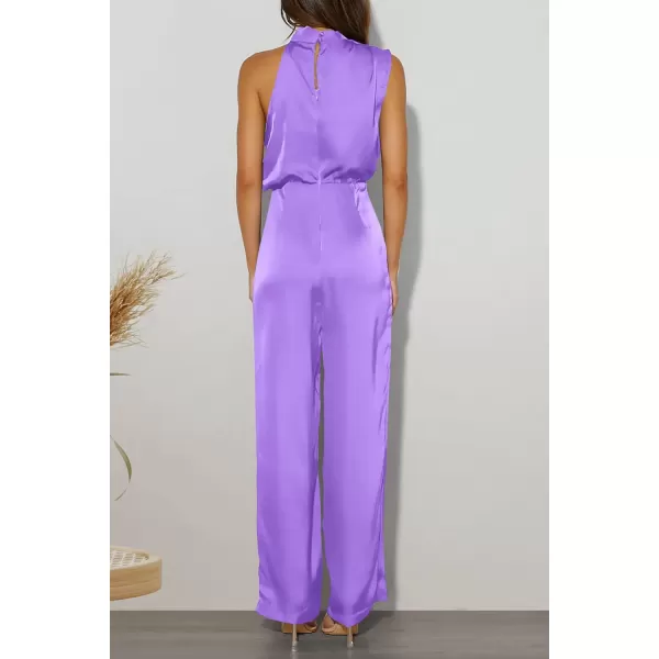 imagePRETTYGARDEN Womens Satin Jumpsuits 2023 Summer One Piece Outfits Mock Neck Sleeveless Wide Leg Pants RompersPurple