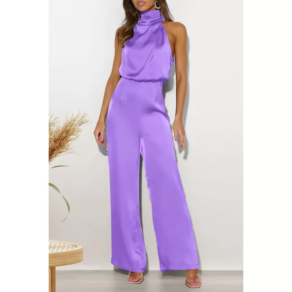 imagePRETTYGARDEN Womens Satin Jumpsuits 2023 Summer One Piece Outfits Mock Neck Sleeveless Wide Leg Pants RompersPurple