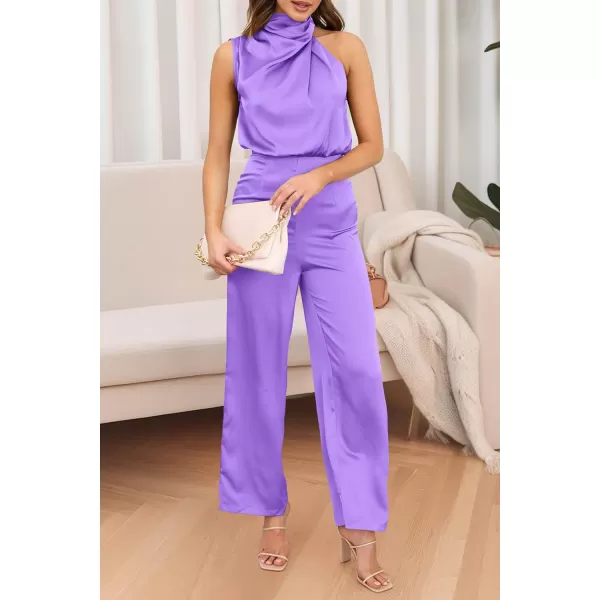 imagePRETTYGARDEN Womens Satin Jumpsuits 2023 Summer One Piece Outfits Mock Neck Sleeveless Wide Leg Pants RompersPurple