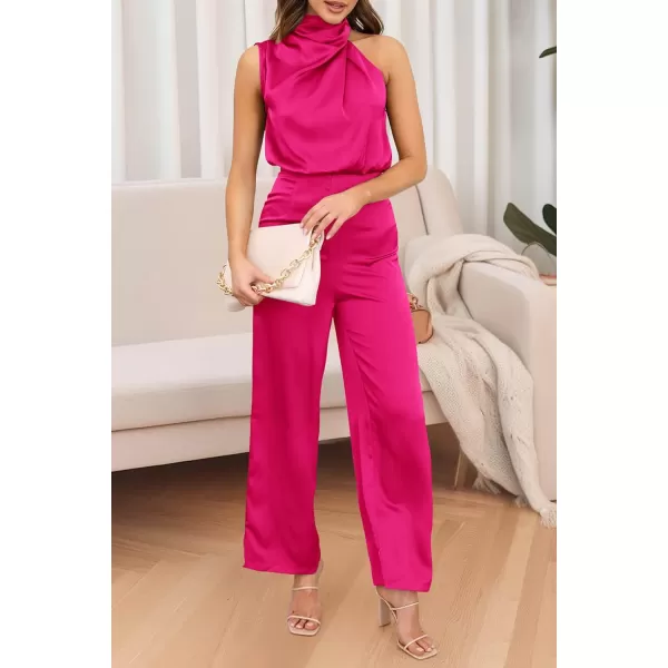 imagePRETTYGARDEN Womens Satin Jumpsuits 2023 Summer One Piece Outfits Mock Neck Sleeveless Wide Leg Pants RompersRose Red