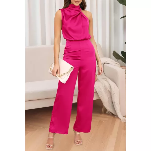 imagePRETTYGARDEN Womens Satin Jumpsuits 2023 Summer One Piece Outfits Mock Neck Sleeveless Wide Leg Pants RompersRose Red