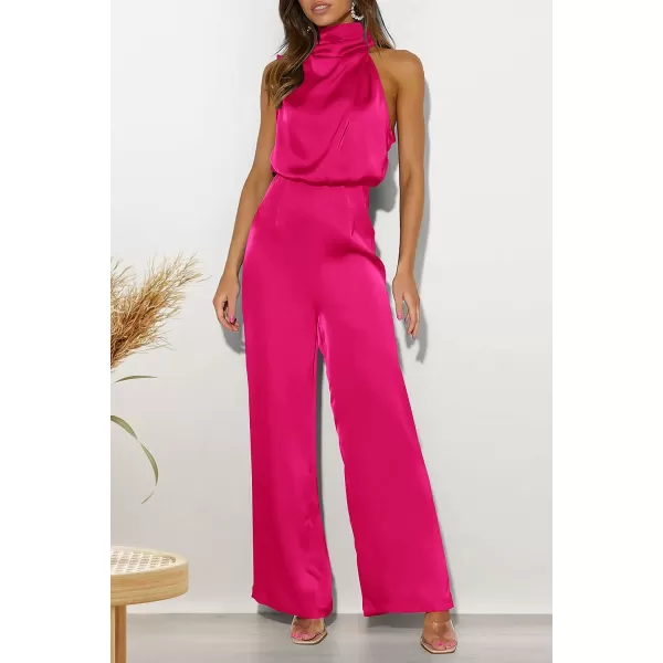 imagePRETTYGARDEN Womens Satin Jumpsuits 2023 Summer One Piece Outfits Mock Neck Sleeveless Wide Leg Pants RompersRose Red