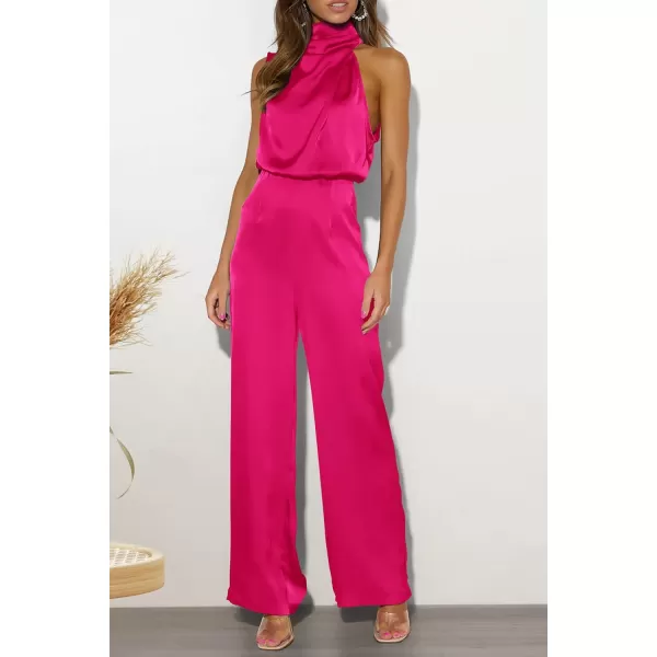 imagePRETTYGARDEN Womens Satin Jumpsuits 2023 Summer One Piece Outfits Mock Neck Sleeveless Wide Leg Pants RompersRose Red