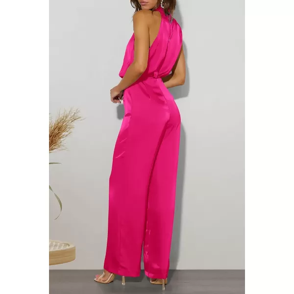 imagePRETTYGARDEN Womens Satin Jumpsuits 2023 Summer One Piece Outfits Mock Neck Sleeveless Wide Leg Pants RompersRose Red