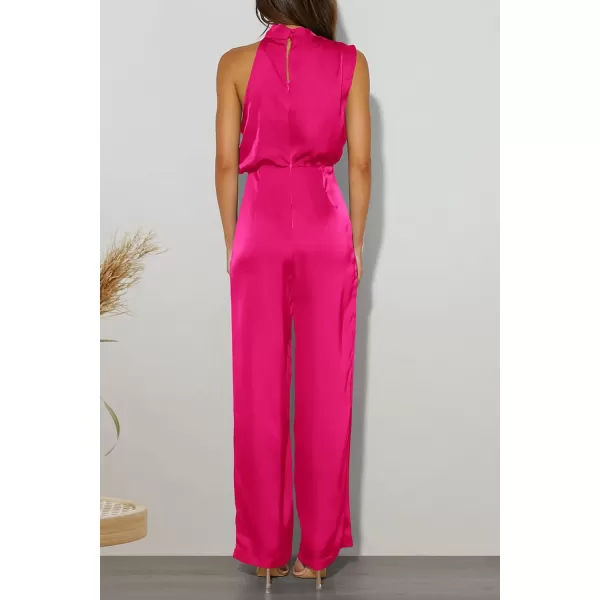 imagePRETTYGARDEN Womens Satin Jumpsuits 2023 Summer One Piece Outfits Mock Neck Sleeveless Wide Leg Pants RompersRose Red