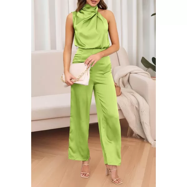 imagePRETTYGARDEN Womens Satin Jumpsuits 2023 Summer One Piece Outfits Mock Neck Sleeveless Wide Leg Pants RompersTender Green