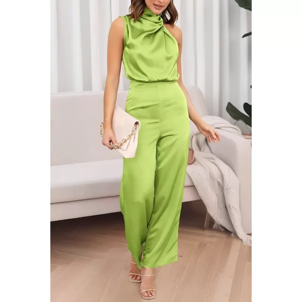 imagePRETTYGARDEN Womens Satin Jumpsuits 2023 Summer One Piece Outfits Mock Neck Sleeveless Wide Leg Pants RompersTender Green