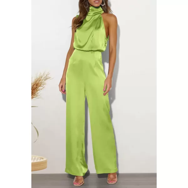 imagePRETTYGARDEN Womens Satin Jumpsuits 2023 Summer One Piece Outfits Mock Neck Sleeveless Wide Leg Pants RompersTender Green