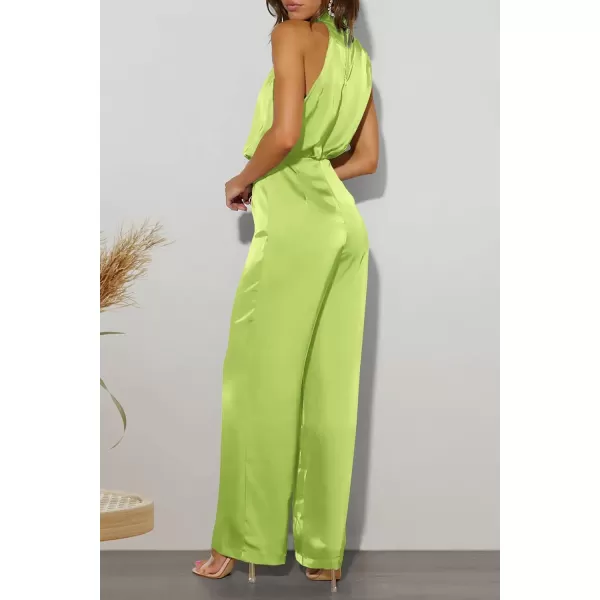 imagePRETTYGARDEN Womens Satin Jumpsuits 2023 Summer One Piece Outfits Mock Neck Sleeveless Wide Leg Pants RompersTender Green