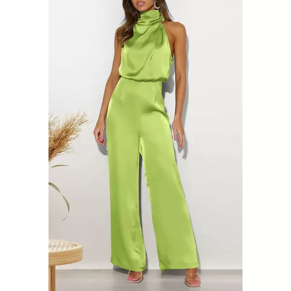 imagePRETTYGARDEN Womens Satin Jumpsuits 2023 Summer One Piece Outfits Mock Neck Sleeveless Wide Leg Pants RompersTender Green