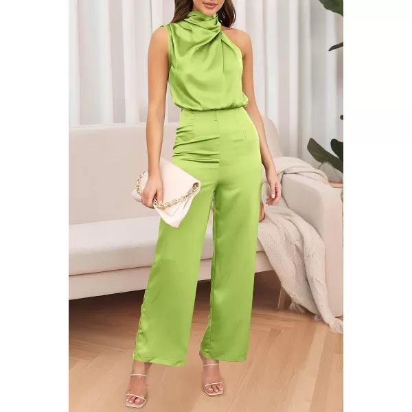 imagePRETTYGARDEN Womens Satin Jumpsuits 2023 Summer One Piece Outfits Mock Neck Sleeveless Wide Leg Pants RompersTender Green