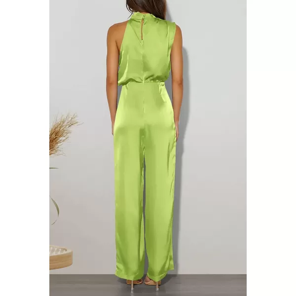 imagePRETTYGARDEN Womens Satin Jumpsuits 2023 Summer One Piece Outfits Mock Neck Sleeveless Wide Leg Pants RompersTender Green