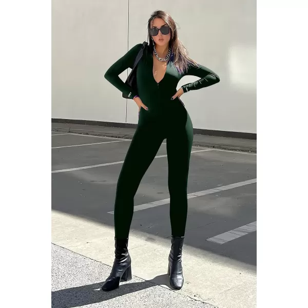 imagePRETTYGARDEN Womens Sexy Bodycon Jumpsuit Long Sleeve Zipper One Piece Romper Outfits ClubwearArmy Green