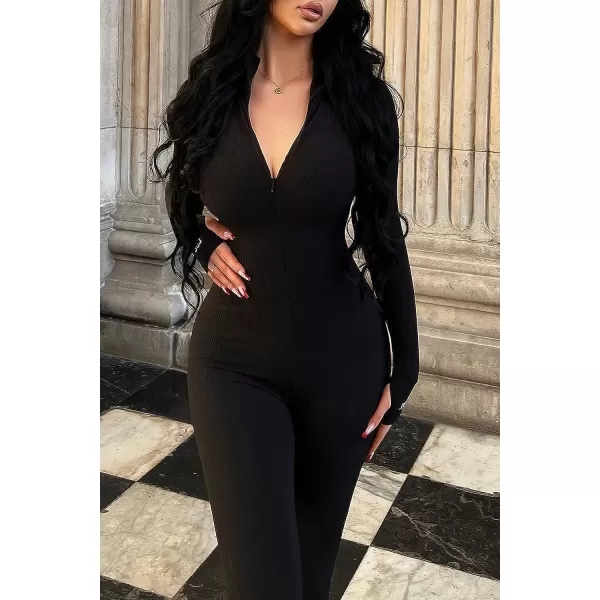 imagePRETTYGARDEN Womens Sexy Bodycon Jumpsuit Long Sleeve Zipper One Piece Romper Outfits ClubwearBlack
