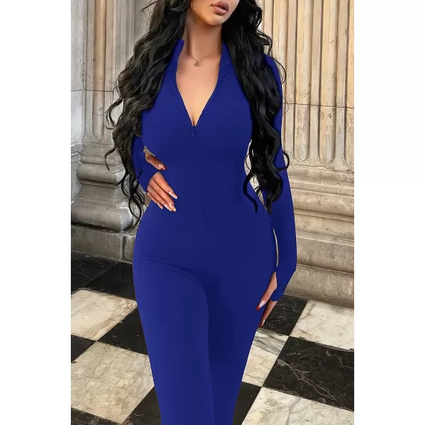 imagePRETTYGARDEN Womens Sexy Bodycon Jumpsuit Long Sleeve Zipper One Piece Romper Outfits ClubwearBlue
