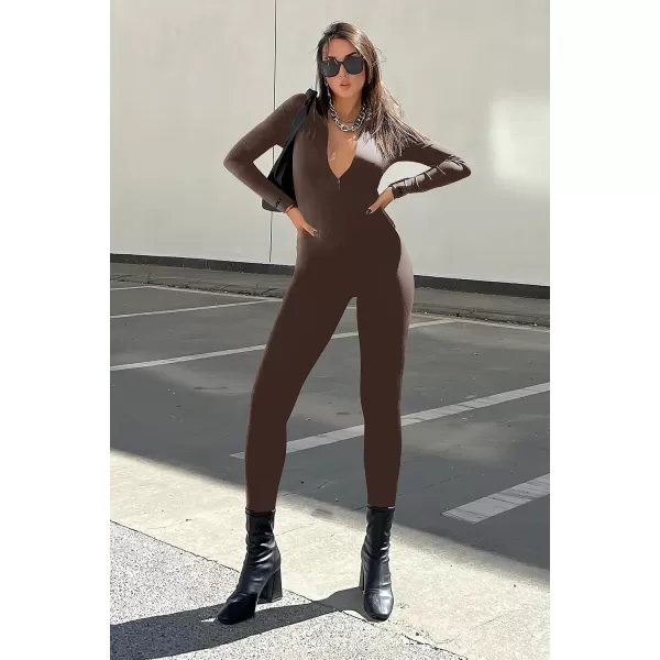 imagePRETTYGARDEN Womens Sexy Bodycon Jumpsuit Long Sleeve Zipper One Piece Romper Outfits ClubwearCoffee