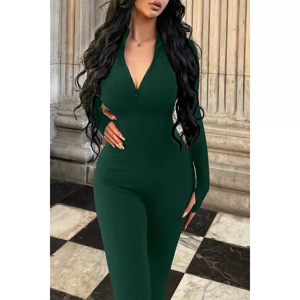 imagePRETTYGARDEN Womens Sexy Bodycon Jumpsuit Long Sleeve Zipper One Piece Romper Outfits ClubwearDark Green