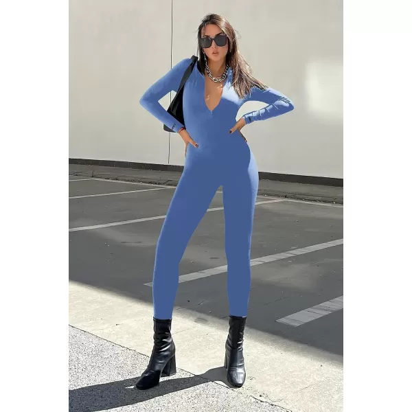 imagePRETTYGARDEN Womens Sexy Bodycon Jumpsuit Long Sleeve Zipper One Piece Romper Outfits ClubwearGrey Blue