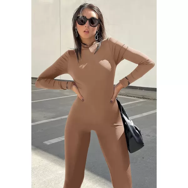 imagePRETTYGARDEN Womens Sexy Bodycon Jumpsuit Long Sleeve Zipper One Piece Romper Outfits ClubwearKhaki