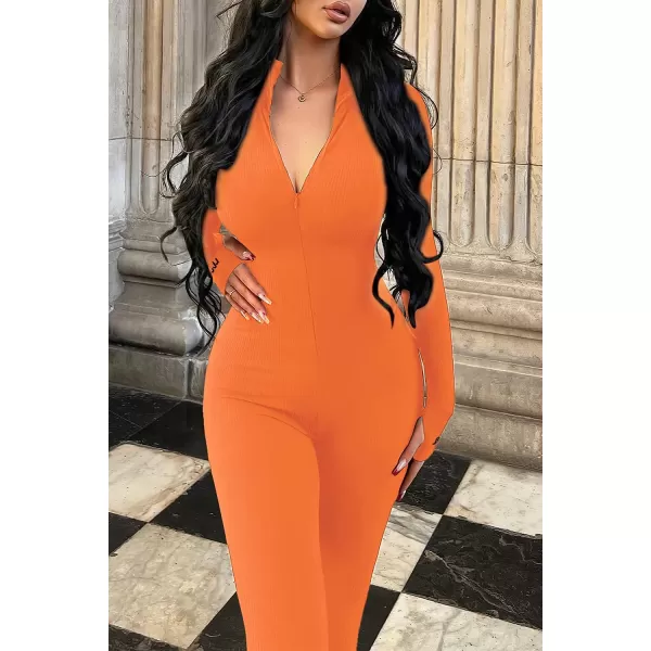 imagePRETTYGARDEN Womens Sexy Bodycon Jumpsuit Long Sleeve Zipper One Piece Romper Outfits ClubwearOrange Yellow