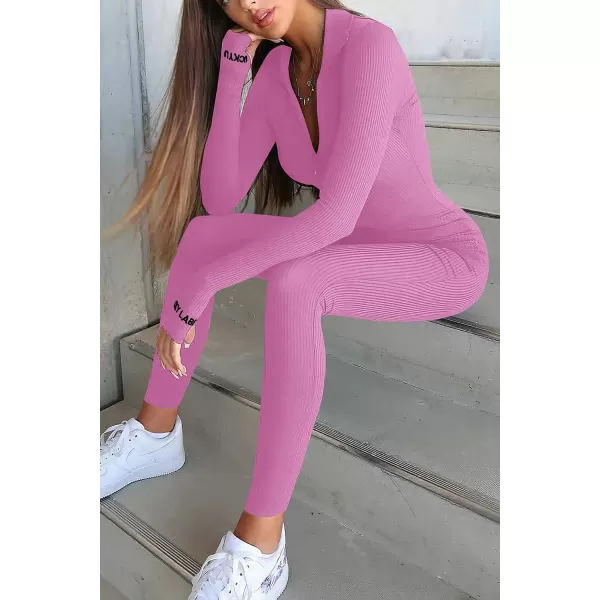 imagePRETTYGARDEN Womens Sexy Bodycon Jumpsuit Long Sleeve Zipper One Piece Romper Outfits ClubwearPink