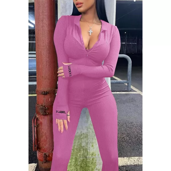 imagePRETTYGARDEN Womens Sexy Bodycon Jumpsuit Long Sleeve Zipper One Piece Romper Outfits ClubwearPink