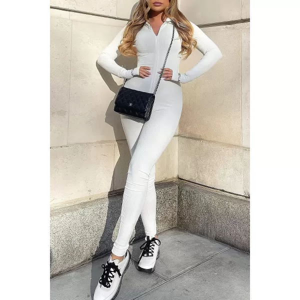 imagePRETTYGARDEN Womens Sexy Bodycon Jumpsuit Long Sleeve Zipper One Piece Romper Outfits ClubwearWhite