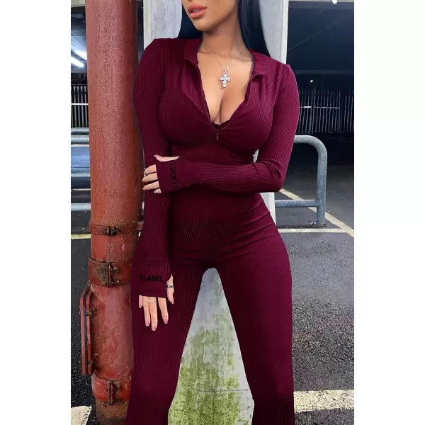 imagePRETTYGARDEN Womens Sexy Bodycon Jumpsuit Long Sleeve Zipper One Piece Romper Outfits ClubwearWine Red