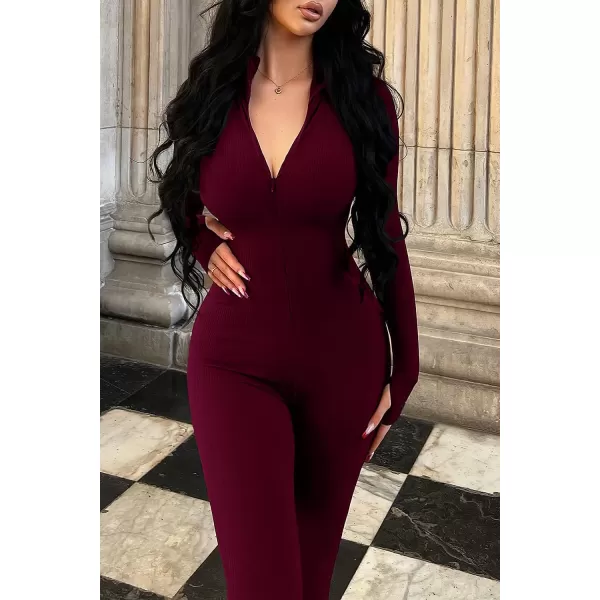 imagePRETTYGARDEN Womens Sexy Bodycon Jumpsuit Long Sleeve Zipper One Piece Romper Outfits ClubwearWine Red