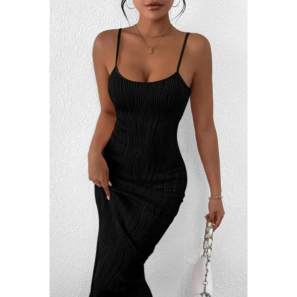 imagePRETTYGARDEN Womens Sexy Midi Bodycon Dress 2024 Summer Spaghetti Strap Sleeveless Knit Party Tight Fitted DressesBlack