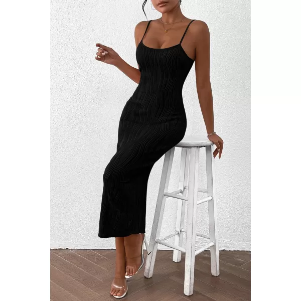 imagePRETTYGARDEN Womens Sexy Midi Bodycon Dress 2024 Summer Spaghetti Strap Sleeveless Knit Party Tight Fitted DressesBlack