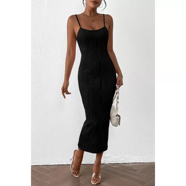 imagePRETTYGARDEN Womens Sexy Midi Bodycon Dress 2024 Summer Spaghetti Strap Sleeveless Knit Party Tight Fitted DressesBlack