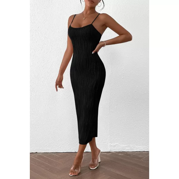 imagePRETTYGARDEN Womens Sexy Midi Bodycon Dress 2024 Summer Spaghetti Strap Sleeveless Knit Party Tight Fitted DressesBlack