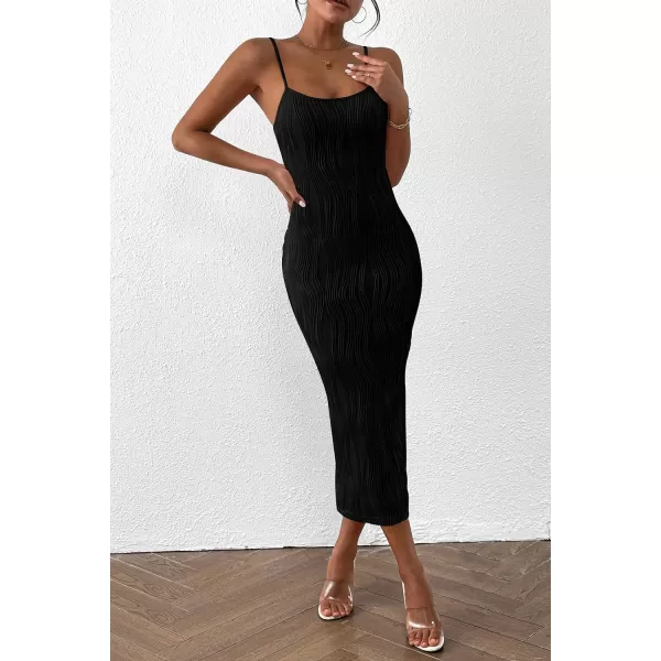 imagePRETTYGARDEN Womens Sexy Midi Bodycon Dress 2024 Summer Spaghetti Strap Sleeveless Knit Party Tight Fitted DressesBlack