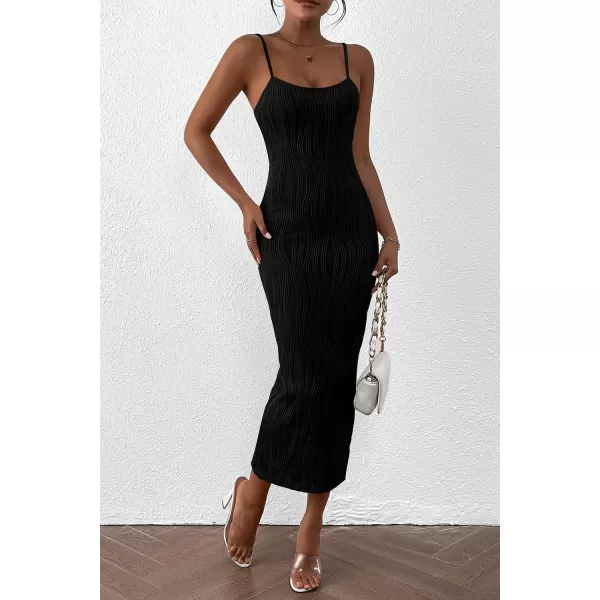 imagePRETTYGARDEN Womens Sexy Midi Bodycon Dress 2024 Summer Spaghetti Strap Sleeveless Knit Party Tight Fitted DressesBlack